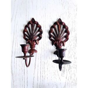 Cast Metal Wall Sconce Pair Ornate Fan Shell Taper Candle Holder Bronze